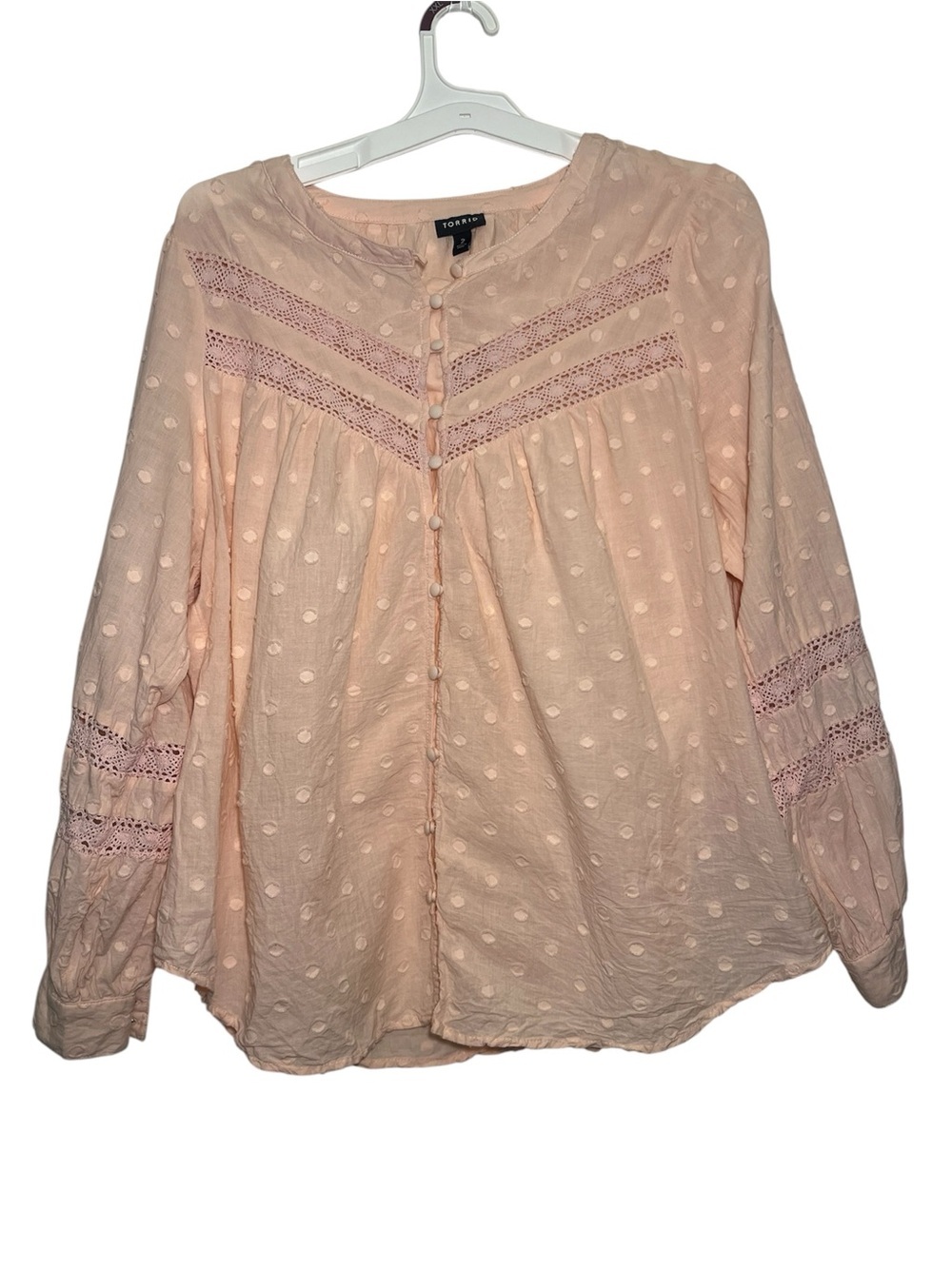 Torrid XXL Light Blush Pink Swiss Dot Lace-Trim Peasant Blouse